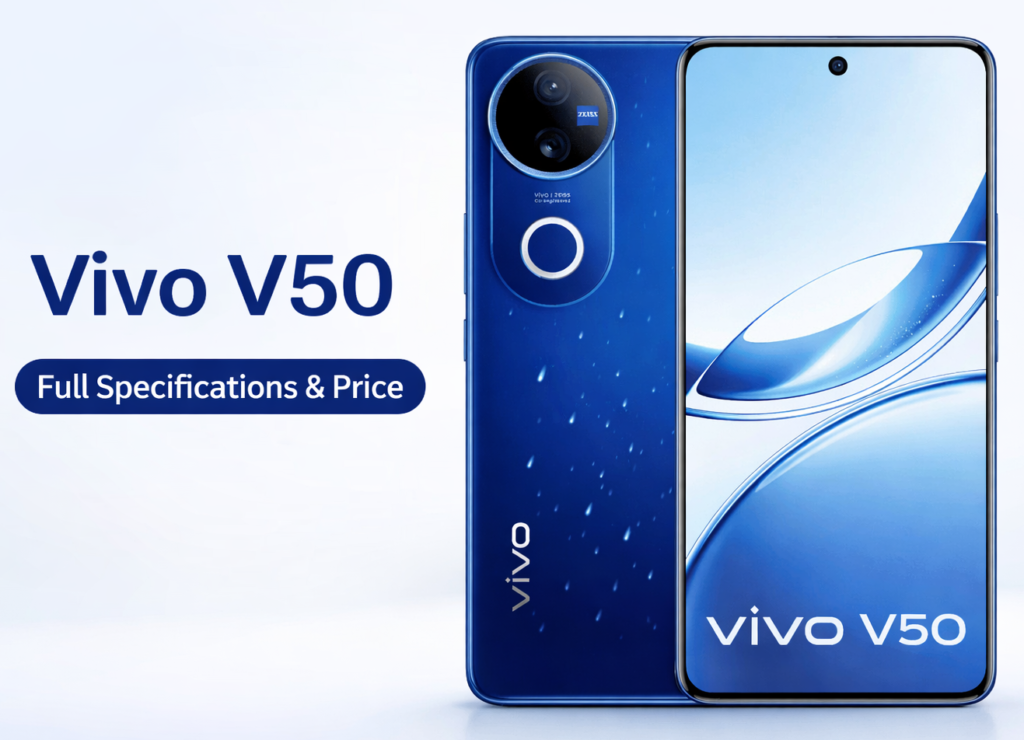Vivo V50 5G Blue Color Front and Back View with 120Hz AMOLED Display and 50MP Camera