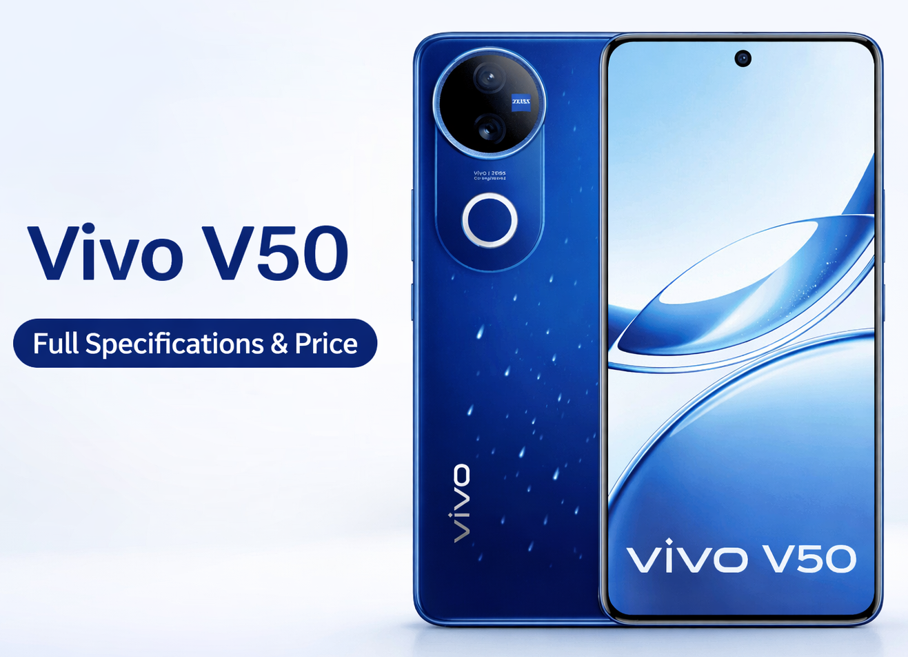 Vivo V50 5G Blue Color Front and Back View with 120Hz AMOLED Display and 50MP Camera