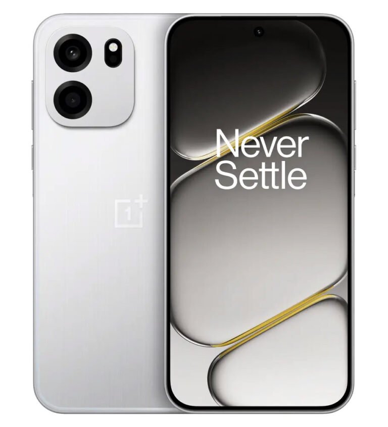 OnePlus Turbo 6V white color official image showing front display and dual camera design