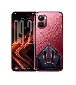 Rear view of Infinix GT 50 Pro in Red Blaze showing HydroFlow liquid cooling system and Cyber-Mecha design.