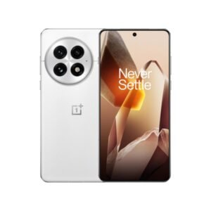 OnePlus 13 in Silk White showing the redesigned circular camera module and front ProXDR display