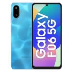 Samsung Galaxy F06 5G in Bahama Blue showing front display and dual camera back design.