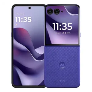 Motorola Razr 70 Ultra in Orient Blue color showing the premium clamshell foldable cover display and rear camera modules