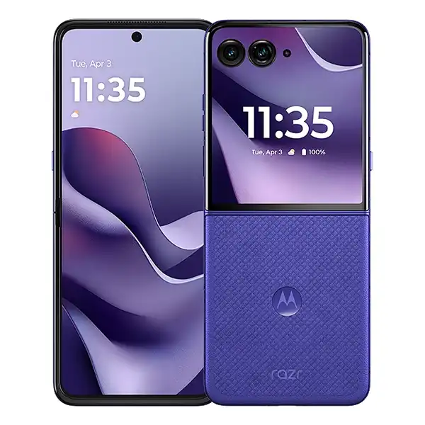 Motorola Razr 70 Ultra in Orient Blue color showing the premium clamshell foldable cover display and rear camera modules