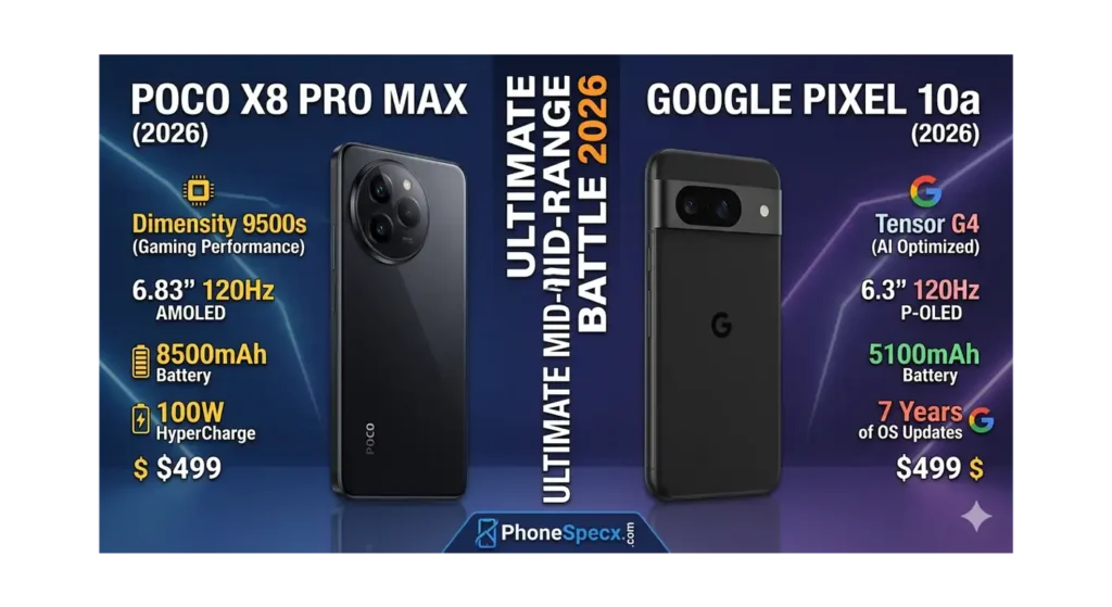 Poco X8 Pro Max vs Google Pixel 10a Comparison Chart - Specs and Price