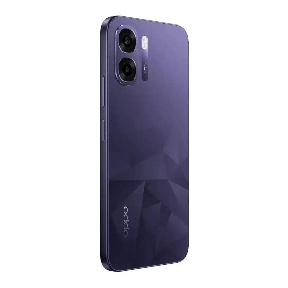 OPPO K14x 5G in Prism Violet showing the unique crystal back panel pattern and dual rear camera housing layout.