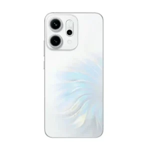 Oppo Reno 14 5G in Opal White showing the full back panel matrix camera design and side profile overview