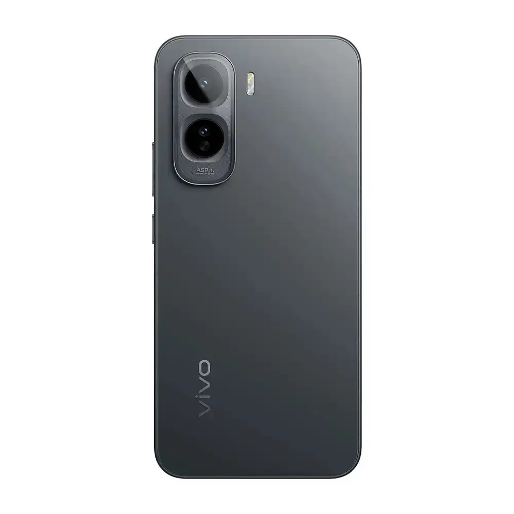 vivo T5 Pro 5G in Cosmic Black showing the sleek matte back panel finish and upper dual camera housing module layout.