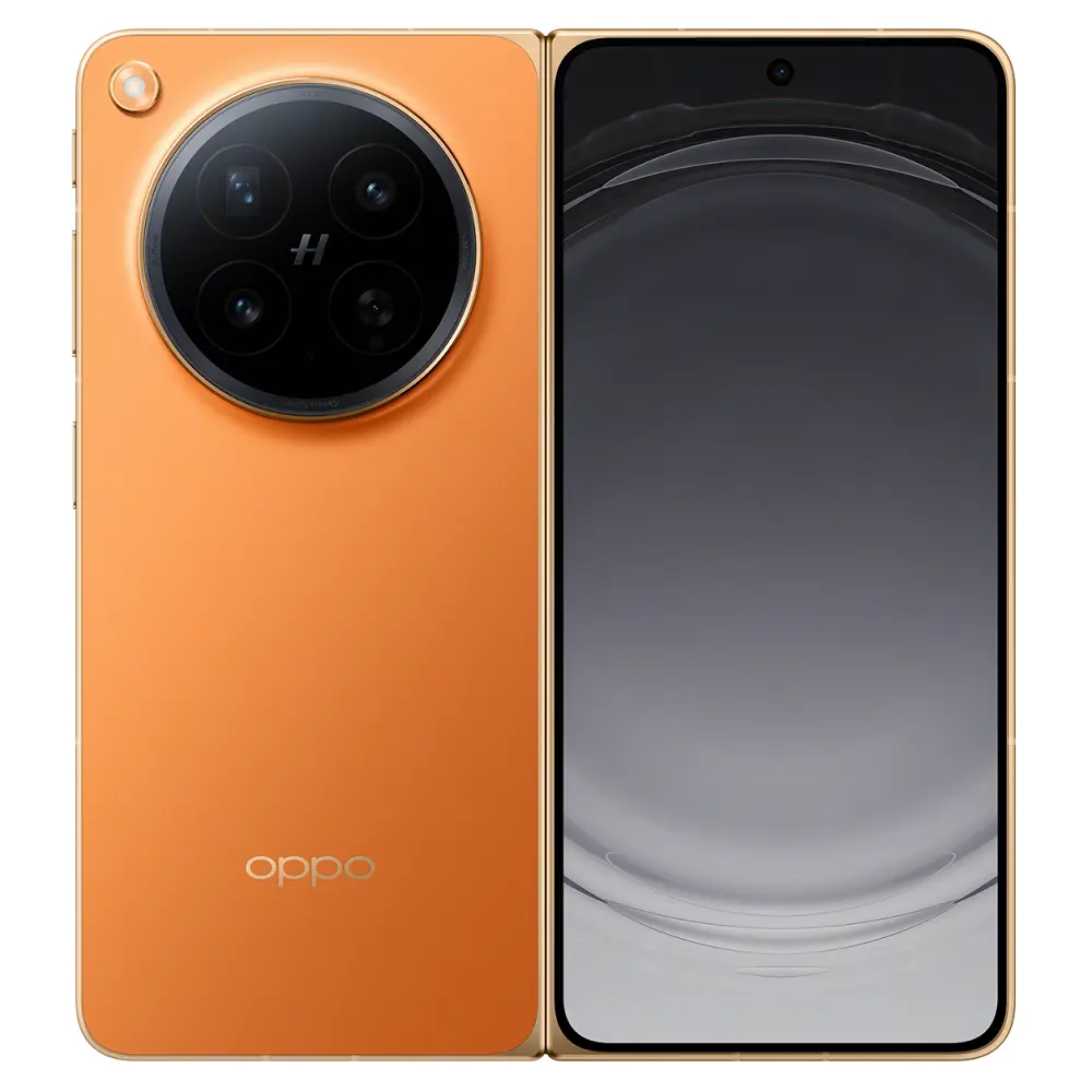 Oppo Find N6 foldable smartphone in Blossom Orange color showing front display and rear Hasselblad camera module design