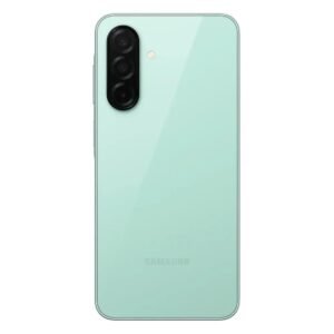 Samsung Galaxy A26 5G in Mint color showing the slim 7.7mm profile and the linear triple-camera layout on the premium glass back panel.