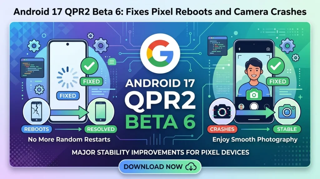 Infographic illustrating Android 17 QPR2 Beta 6 bug fixes for Google Pixel reboots and camera app crashes.