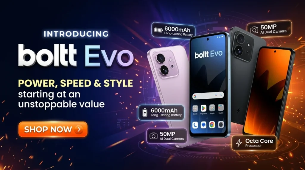 Boltt Evo smartphone banner promotion showcasing front and rear views with key features including 6000mAh battery, 50MP AI camera, and 6.79-inch display.
