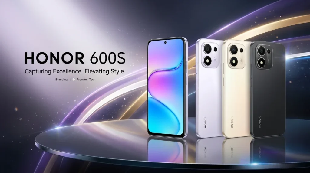 HONOR 600S 5G phone design in Misty Purple, Desert Gold, and Velvet Black.