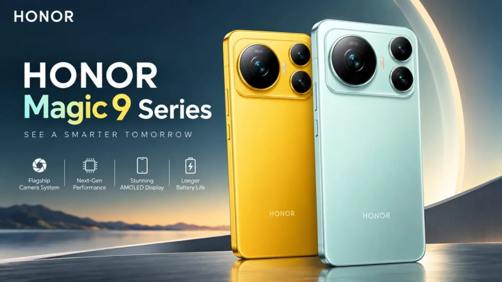 HONOR Magic 9 Series flagship smartphone featuring 11000mAh battery, Snapdragon 8 Elite Gen 5, and 200MP camera setup on phonespecx.com