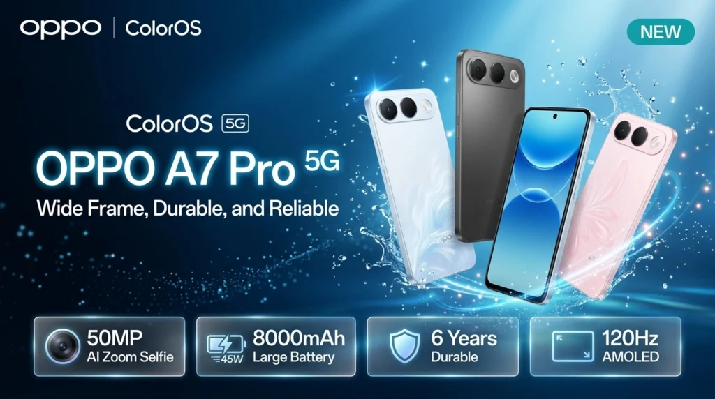 OPPO A7 Pro 5G smartphone showing Surfing Blue, Bloom Pink, and Shine Titanium color variants, emphasizing its 8000mAh battery, 50MP selfie camera, and 120Hz display features