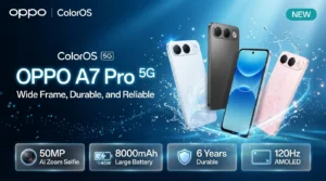 OPPO A7 Pro 5G smartphone showing Surfing Blue, Bloom Pink, and Shine Titanium color variants, emphasizing its 8000mAh battery, 50MP selfie camera, and 120Hz display features
