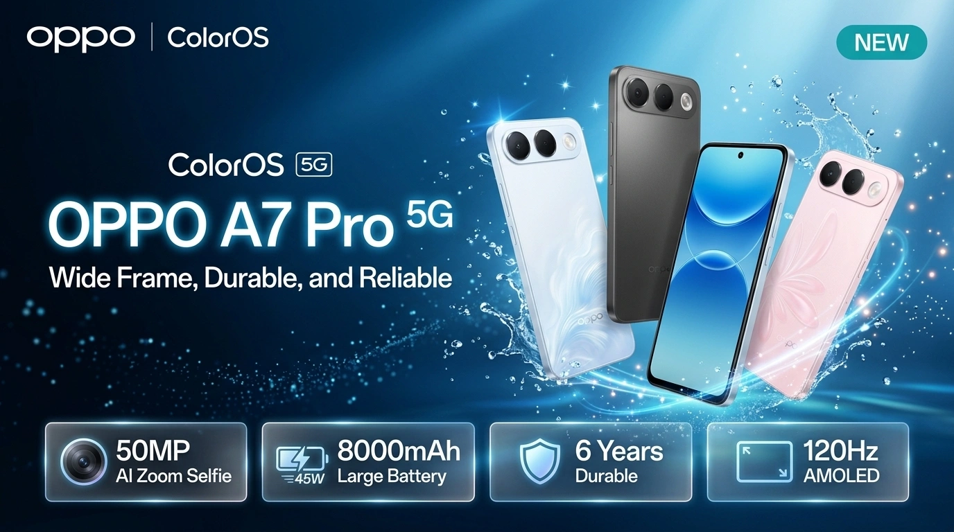 OPPO A7 Pro 5G smartphone showing Surfing Blue, Bloom Pink, and Shine Titanium color variants, emphasizing its 8000mAh battery, 50MP selfie camera, and 120Hz display features