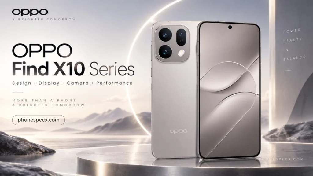 OPPO Find X10 Series smartphone poster featuring specs, design, and Hasselblad camera for phonespecx.com