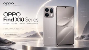 OPPO Find X10 Series smartphone poster featuring specs, design, and Hasselblad camera for phonespecx.com