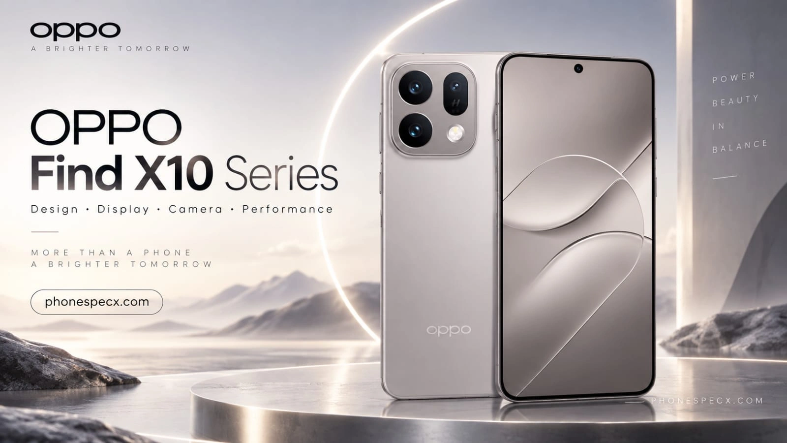 OPPO Find X10 Series smartphone poster featuring specs, design, and Hasselblad camera for phonespecx.com