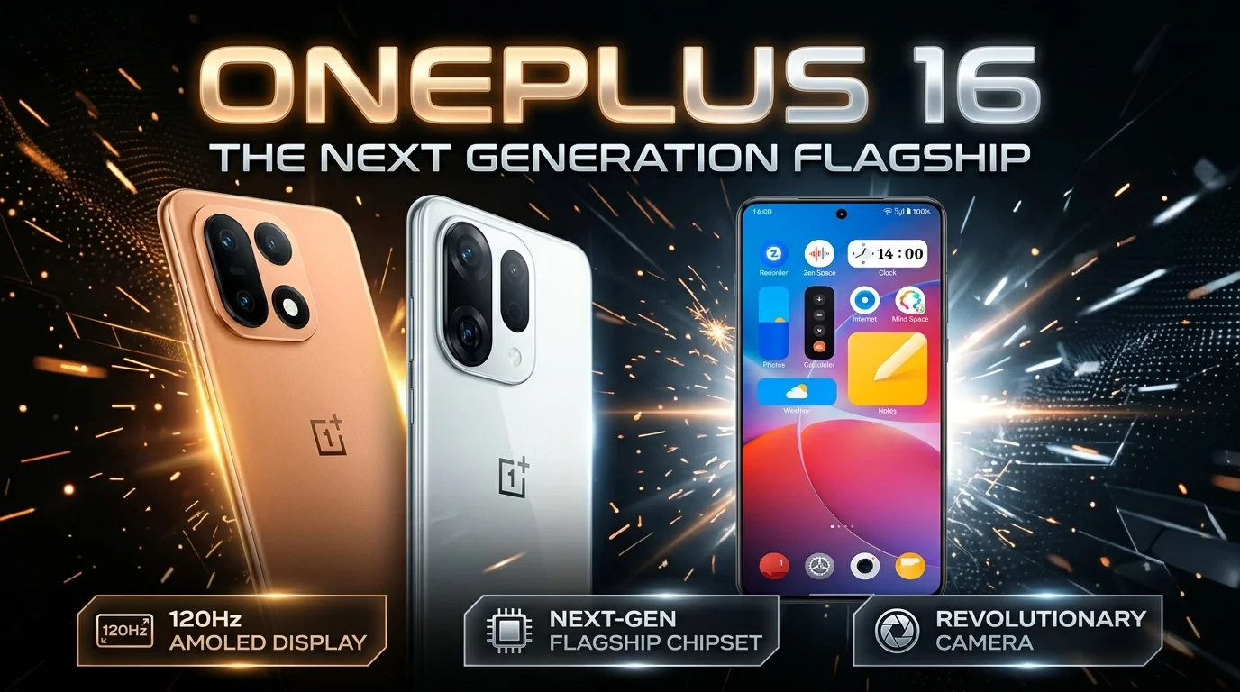 Official promo image of the OnePlus 16 smartphone showcasing Martian Masterpiece orange-gold and Tomorrow Starlight silver models with display, Snapdragon 8 Elite Extreme Gen 6 chipset, and 200MP camera specs.Official promo image of the OnePlus 16 smartphone showcasing Martian Masterpiece orange-gold and Tomorrow Starlight silver models with display, Snapdragon 8 Elite Extreme Gen 6 chipset, and 200MP camera specs.