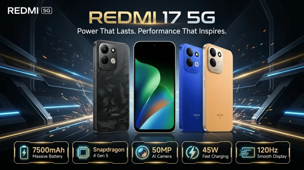 REDMI 17 5G promotional banner highlighting key specs including Snapdragon 4 Gen 5 processor, 7500mAh massive battery, 50MP AI camera, 45W fast charging, and 120Hz smooth display across black, blue, and gold color variants.