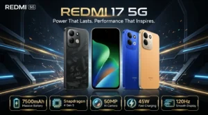 REDMI 17 5G promotional banner highlighting key specs including Snapdragon 4 Gen 5 processor, 7500mAh massive battery, 50MP AI camera, 45W fast charging, and 120Hz smooth display across black, blue, and gold color variants.