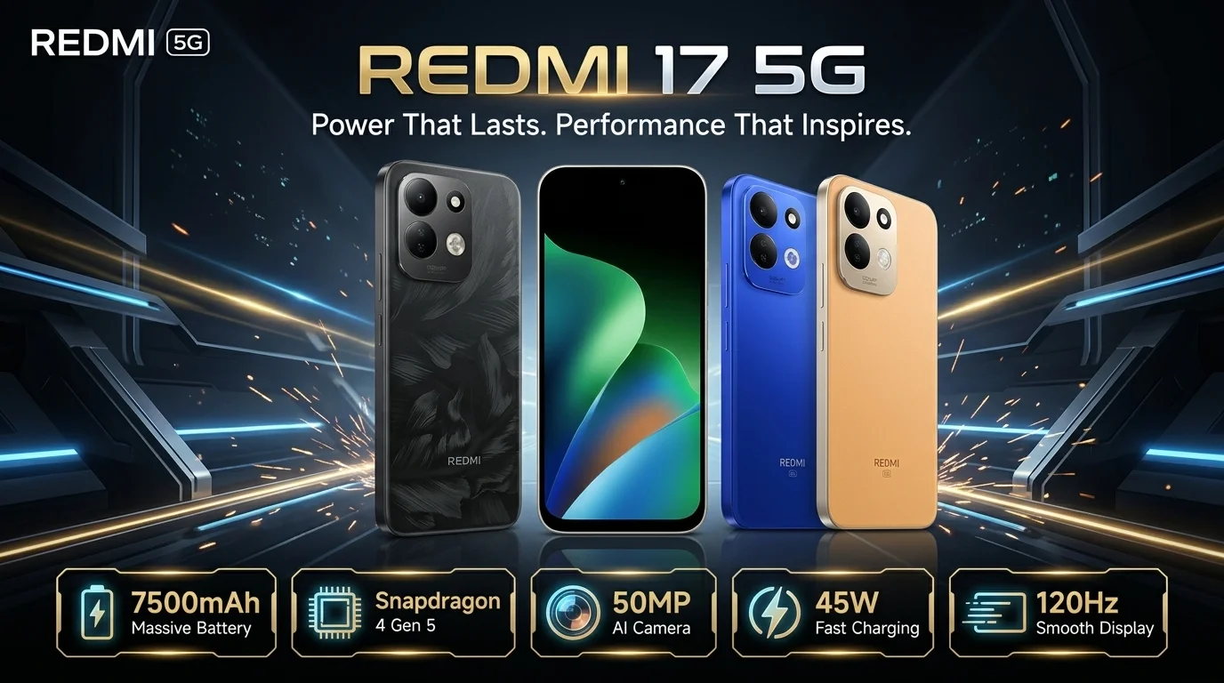 REDMI 17 5G promotional banner highlighting key specs including Snapdragon 4 Gen 5 processor, 7500mAh massive battery, 50MP AI camera, 45W fast charging, and 120Hz smooth display across black, blue, and gold color variants.