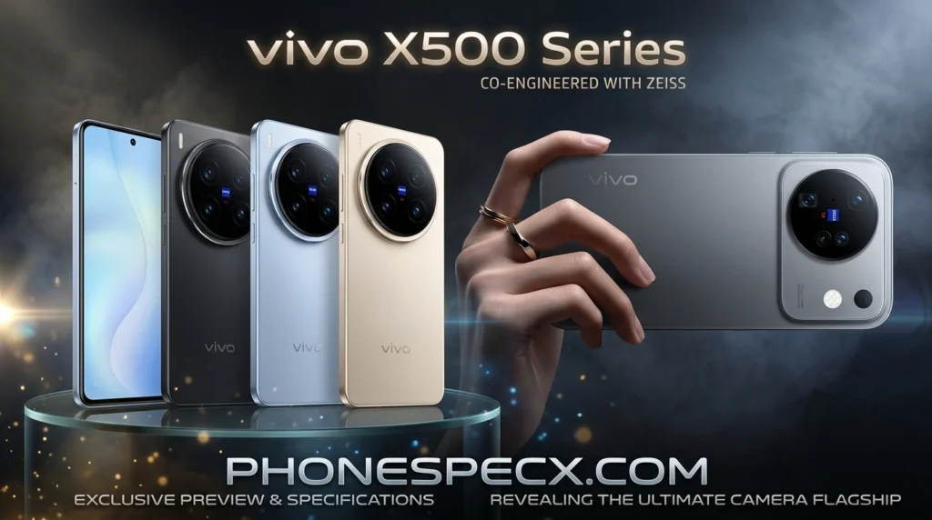 Vivo X500 Series hand-held view in dark grey with pale blue and gold models co-engineered with ZEISS
