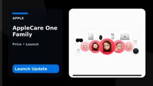 AppleCare One Family coverage artwork with Apple devices and family members