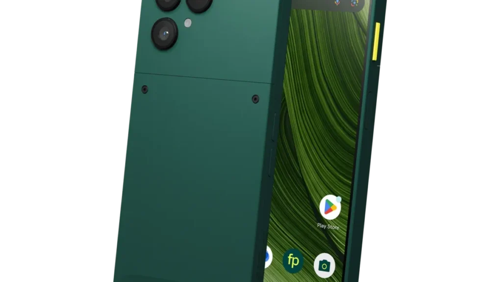 Fairphone Gen 6+ in Forest Green shown from the front and back