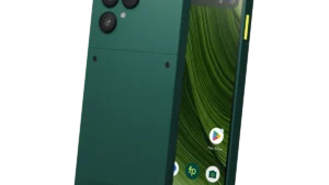 Fairphone Gen 6+ in Forest Green shown from the front and back