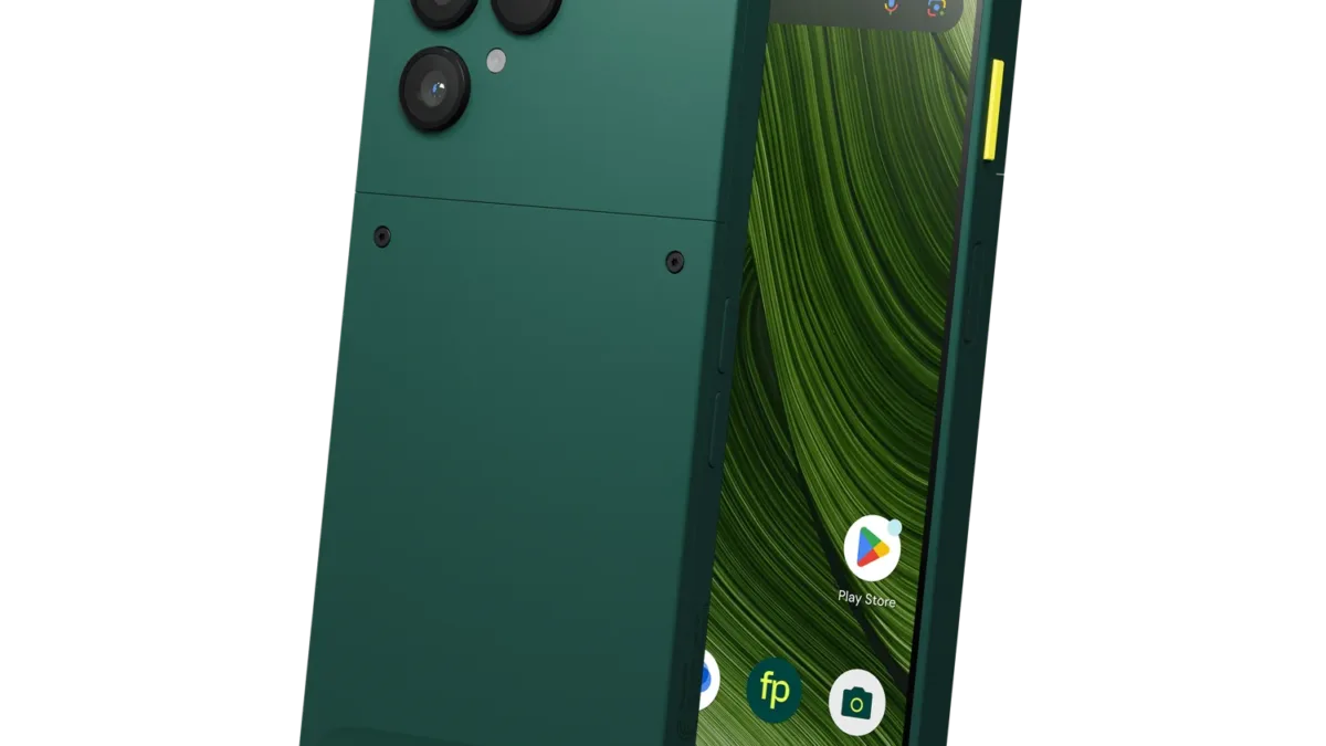Fairphone Gen 6+ in Forest Green shown from the front and back