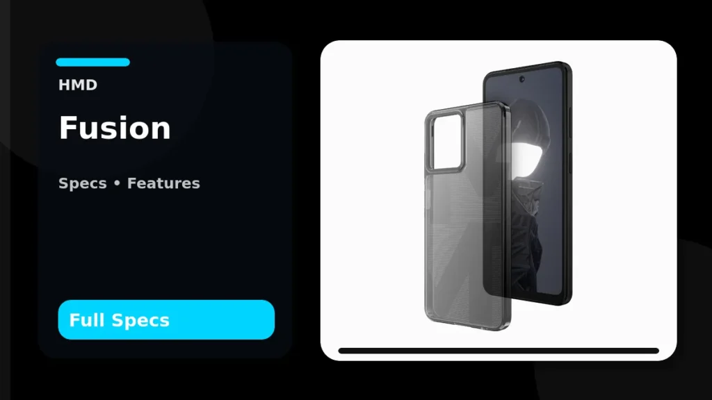 HMD Fusion shown front and back with its transparent Casual Outfit in a PhoneSpecX specifications graphic