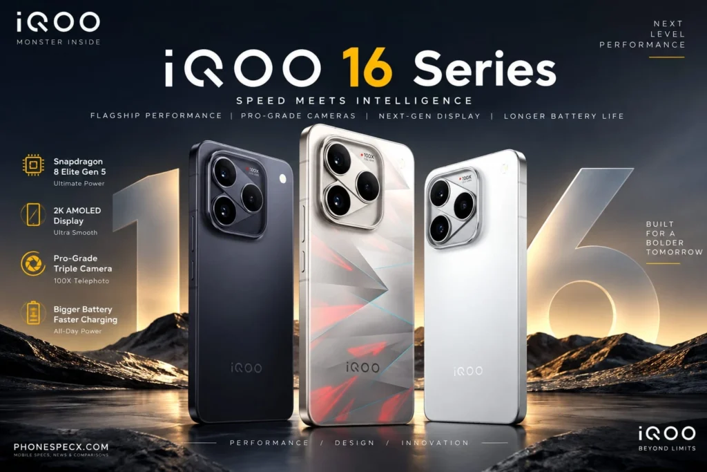 iQOO 16 Series flagship smartphone featuring Snapdragon processor, 2K 165Hz AMOLED display, triple 50MP Hasselblad camera, and 8,000mAh battery on phonespecx.com