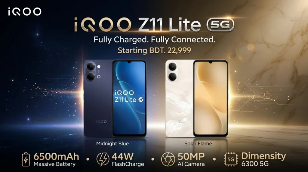 iQOO Z11 Lite 5G in Midnight Blue and Solar Flame colors with 6500mAh battery, 44W FlashCharge, and 50MP AI camera