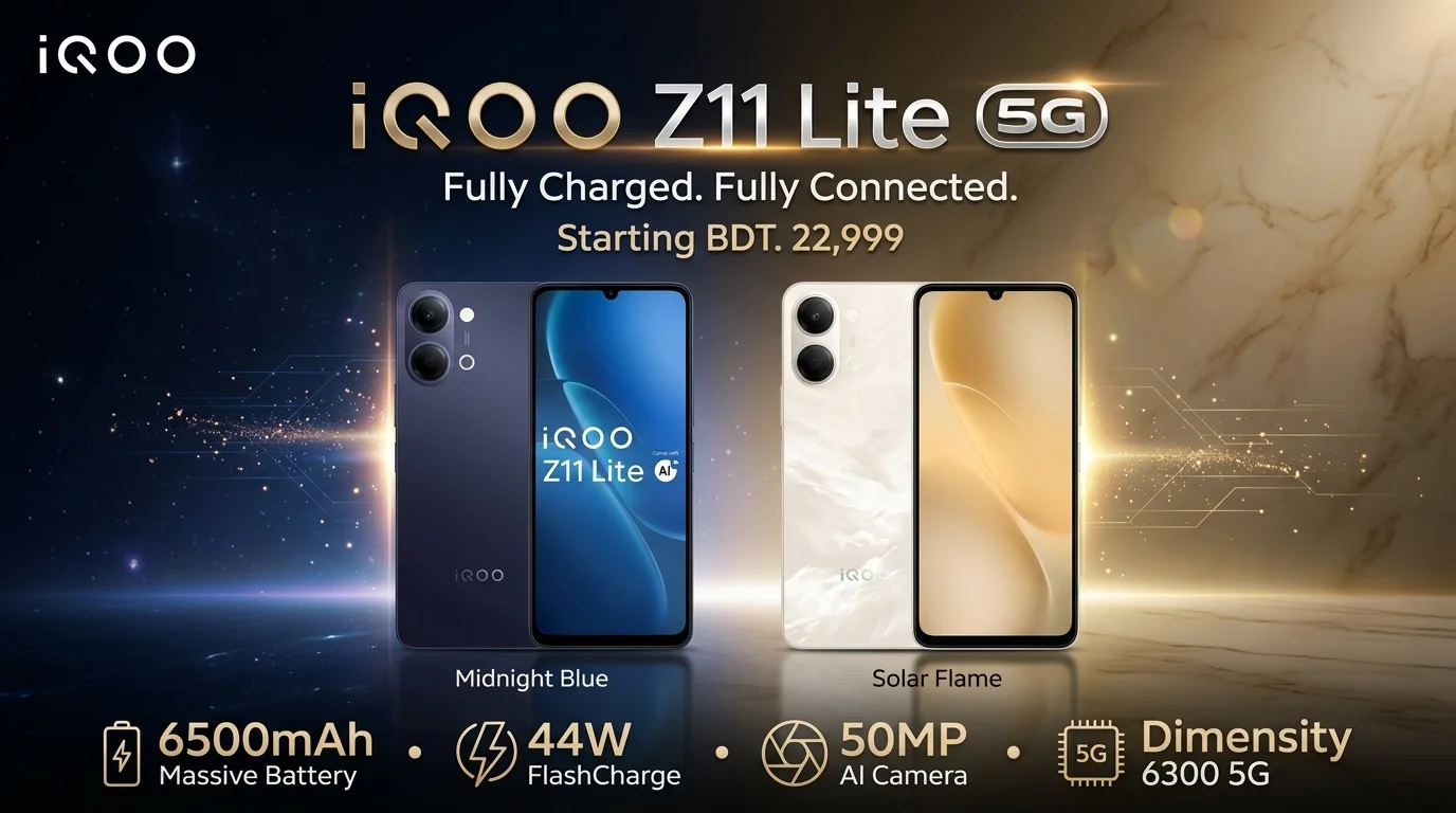 iQOO Z11 Lite 5G in Midnight Blue and Solar Flame colors with 6500mAh battery, 44W FlashCharge, and 50MP AI camera