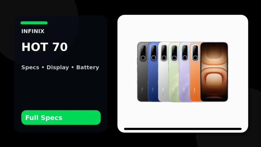 Infinix HOT 70 shown front and rear in six official colors in a PhoneSpecX specifications graphic