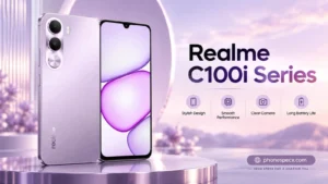 realme C100i 4G purple smartphone front and back design overview