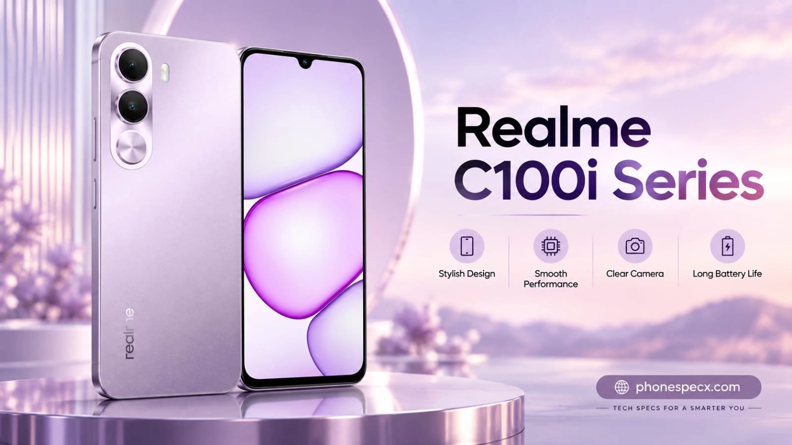 realme C100i 4G purple smartphone front and back design overview