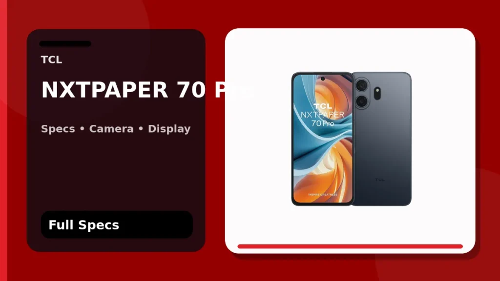 TCL NXTPAPER 70 Pro in Blue shown front and rear in a PhoneSpecX specifications graphic