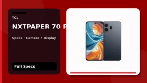 TCL NXTPAPER 70 Pro in Blue shown front and rear in a PhoneSpecX specifications graphic