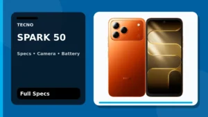 TECNO SPARK 50 in Dynamic Orange shown front and rear in a PhoneSpecX specifications graphic