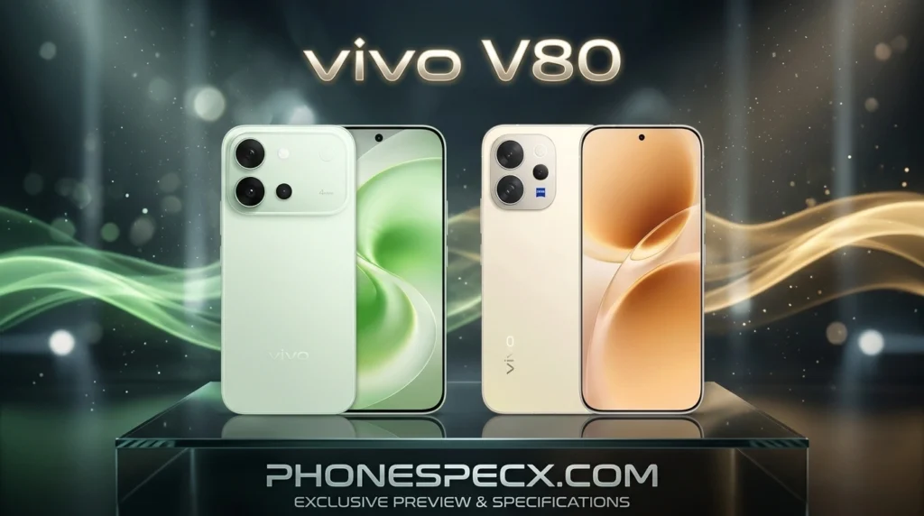 Vivo V80 front and back design showing dual color variants and camera module - Phonespecx