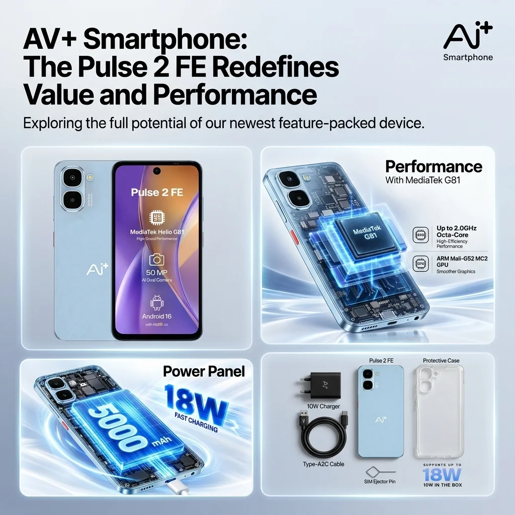 Ai+ Pulse 2 FE smartphone feature collage showing MediaTek Helio G81 processor, 5000mAh battery with 18W charging, and in-box accessories.