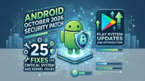 Android October 2026 Security Patch banner illustrating 25 critical system fixes, kernel vulnerability patches, and Google Play System updates.