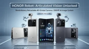 HONOR Robot Phone banner featuring a pop-up 4D gimbal camera system and 200MP AI vision setup.