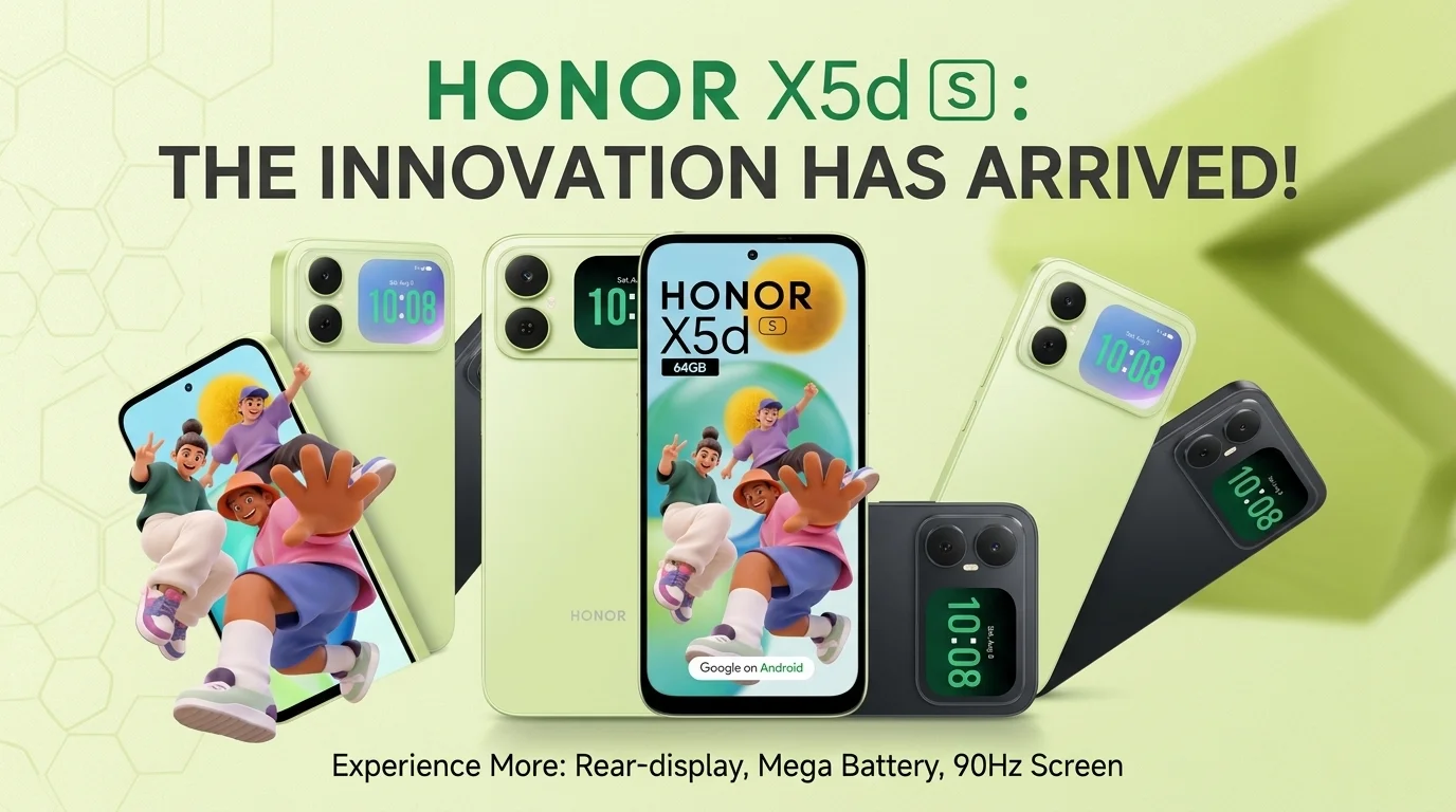 HONOR X5d s featuring a 2.01-inch touch rear display for one-tap selfies, a 50MP AI camera, and a 6000mAh battery.