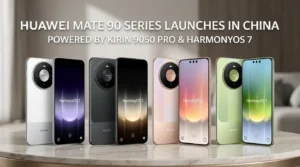 Huawei Mate 90 series lineup showing white, black, pink, and green models with HarmonyOS 7 and XMAGE camera design