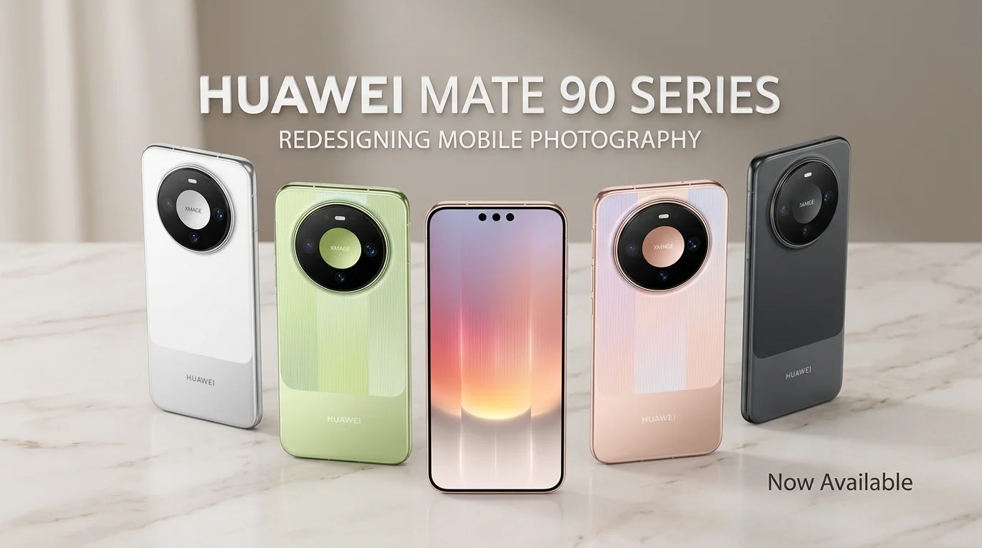 Huawei Mate 90 series smartphones lineup featuring white, green, pink, and black models showcasing XMAGE rear camera setup and front display.